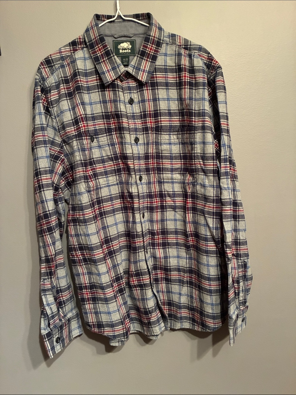 Roots Men's 100% Cotton Flannel Blue, Red & Gray Plaid Button-Down Shirt